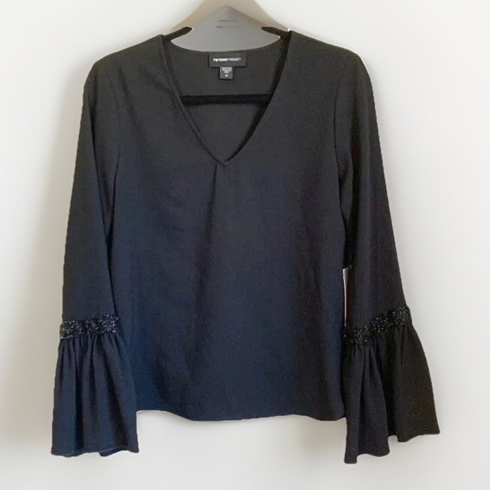 Fifteen Twenty Black Embellished Top Women’s Medium Beaded Bell Sleeves V-Neck